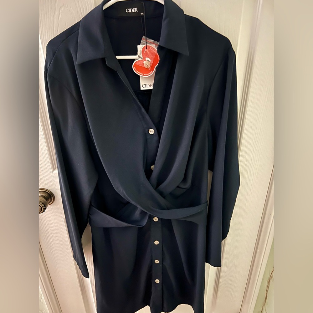 NWT Cider Navy Draped Button-Front Knee Length Shirt Dress, Size 1X